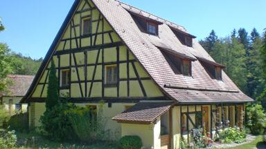A traditional half-timbered house with a steeply pitched roof, surrounded by lush greenery and a clear blue sky.