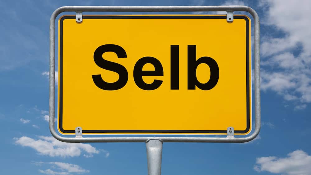 A yellow sign with the word "Selb" against a blue sky with clouds.