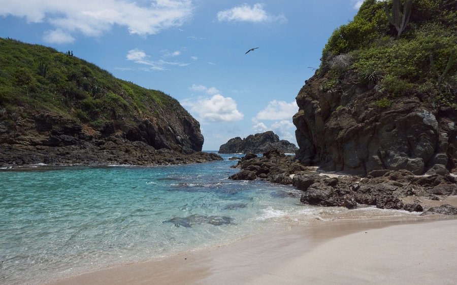 Island Beach of Punta Perula, Mexico. This hidden place in pacific ocean can be reached only by boat. Cristalin water, white sand, great sun, blue sky and Nature. ; Shutterstock ID 1255840240; P