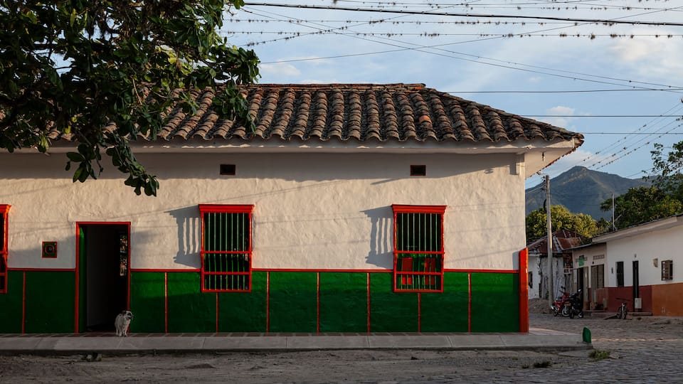 A building with a tiled roof, green and red window frames, and a cobblestone street.