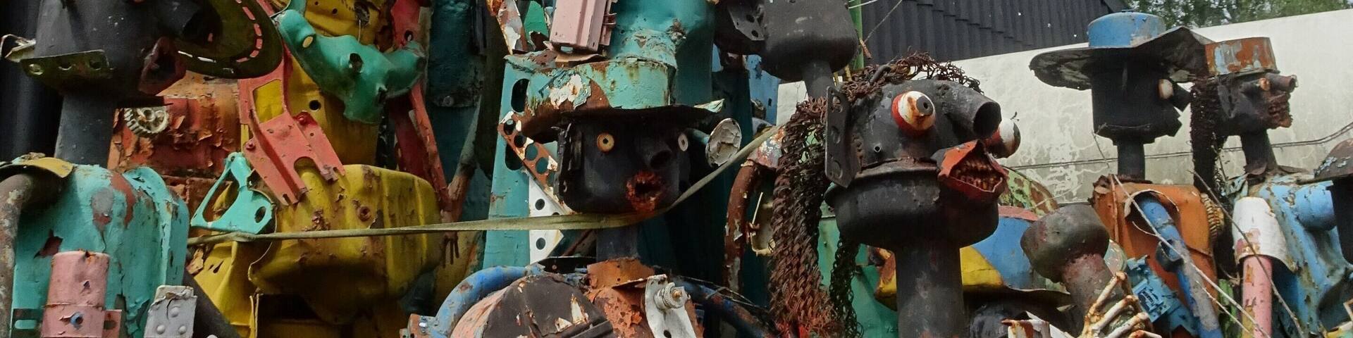 A collection of rusted, colorful industrial machinery and pipes.