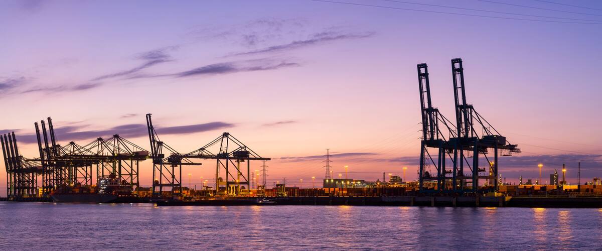 Panorama world port at sunset