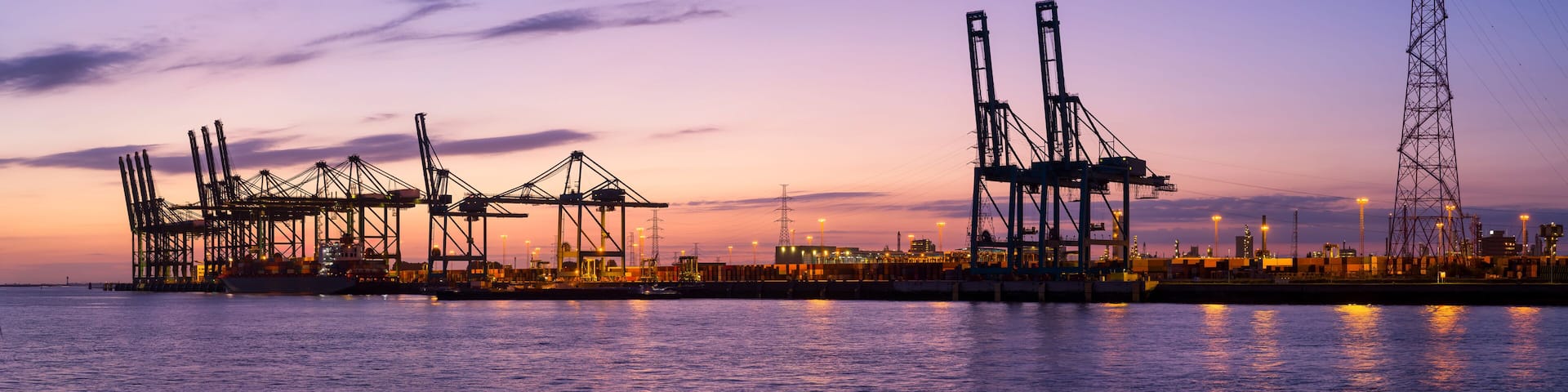 Panorama world port at sunset