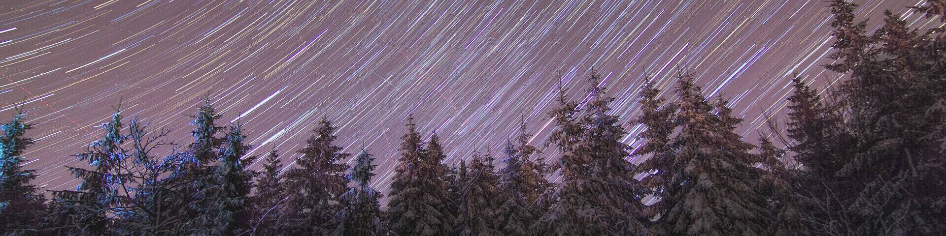 A star trail photograph of a snowy forest.