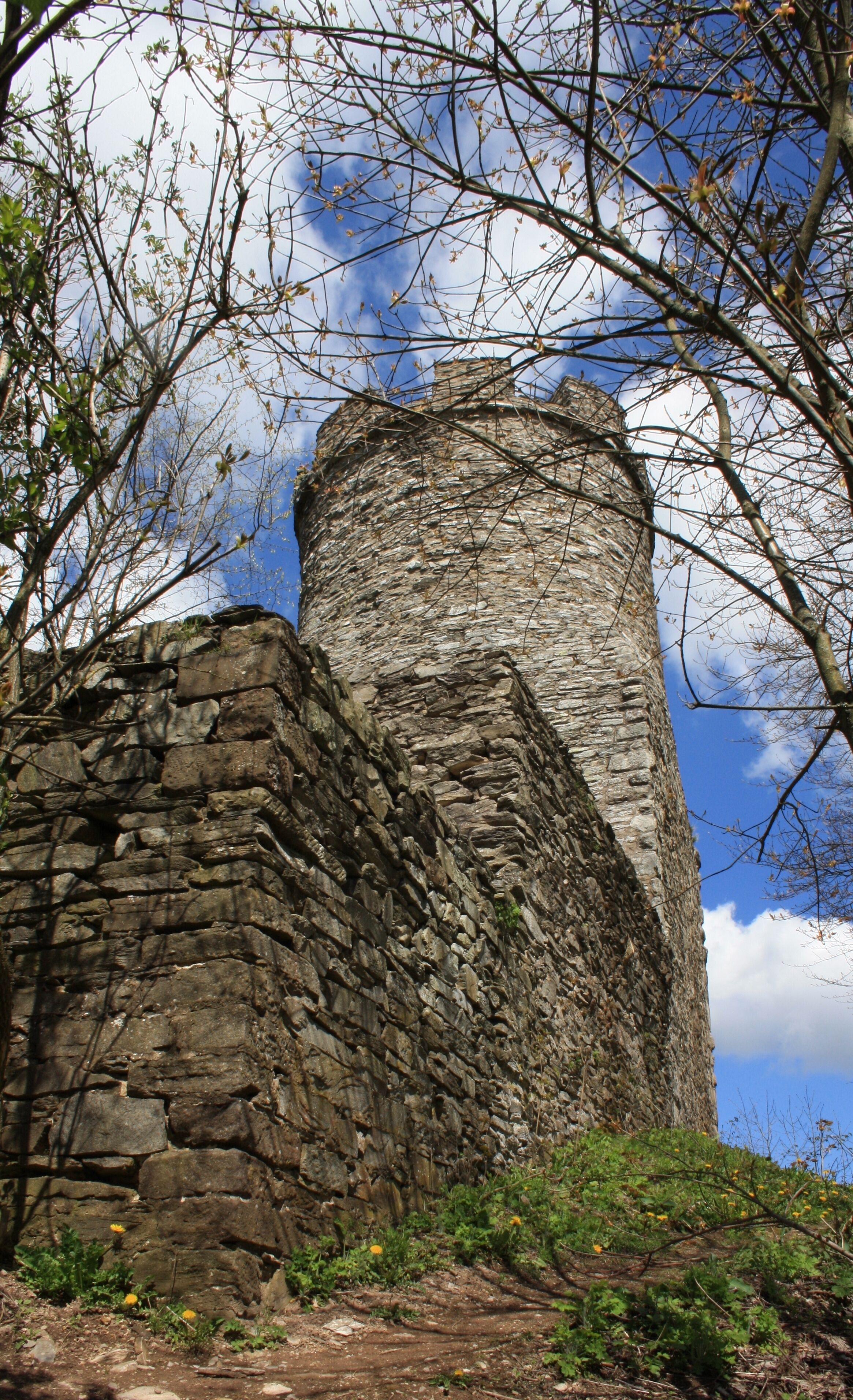 Ein steinerner Turm, umgeben von Bäumen und Grünpflanzen.