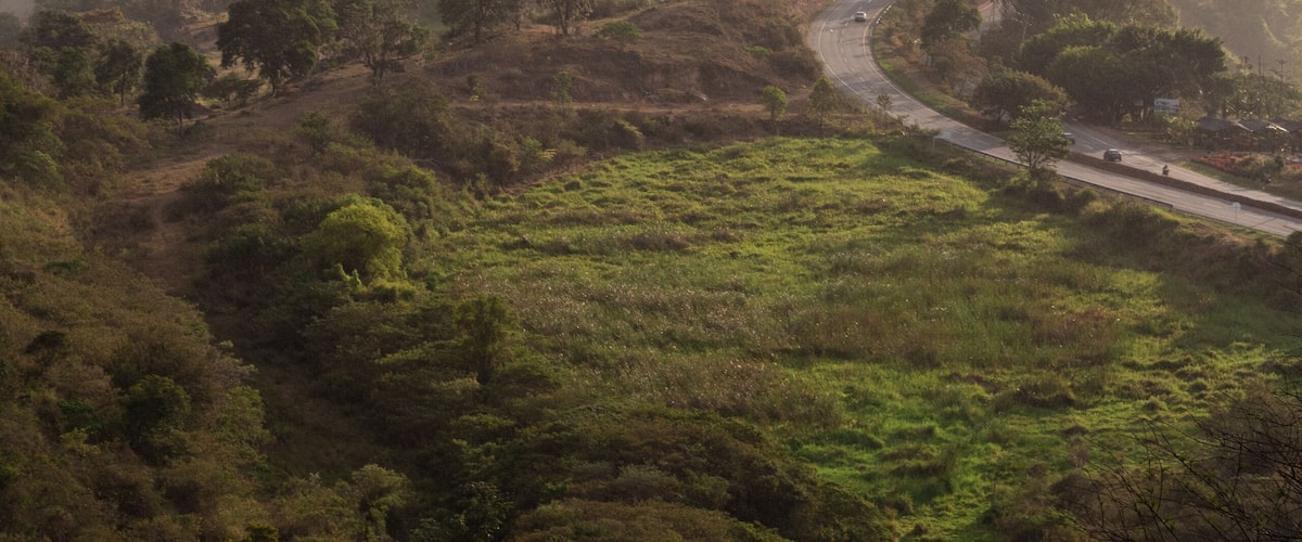 A winding road through a hilly landscape with dense greenery and distant mountains.