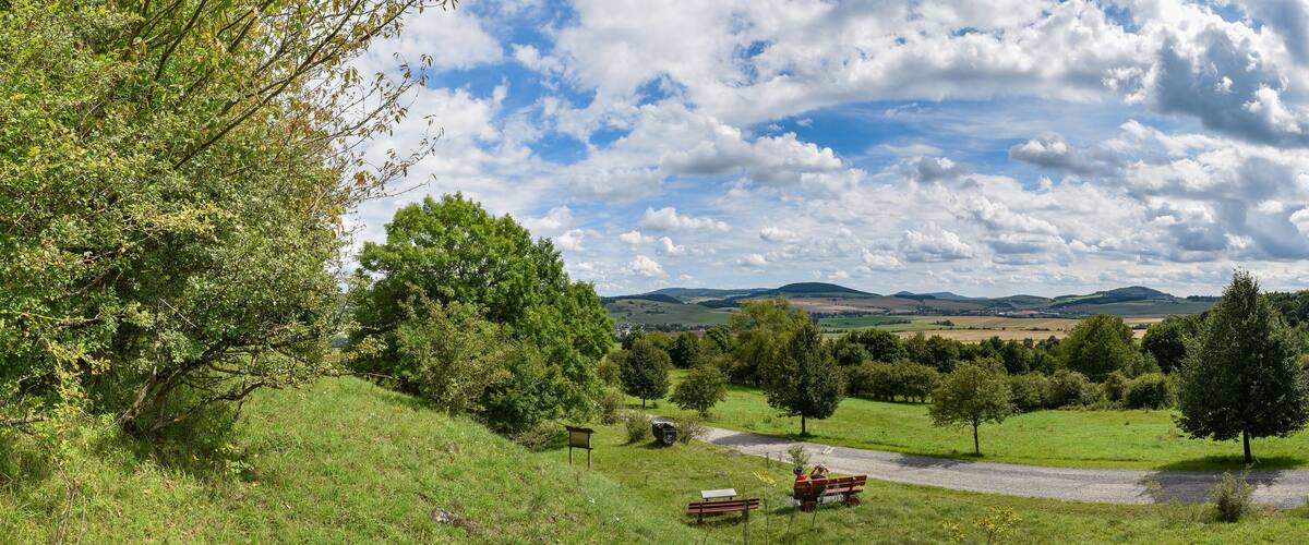 A rural landscape with rolling hills, a winding road, and scattered trees.