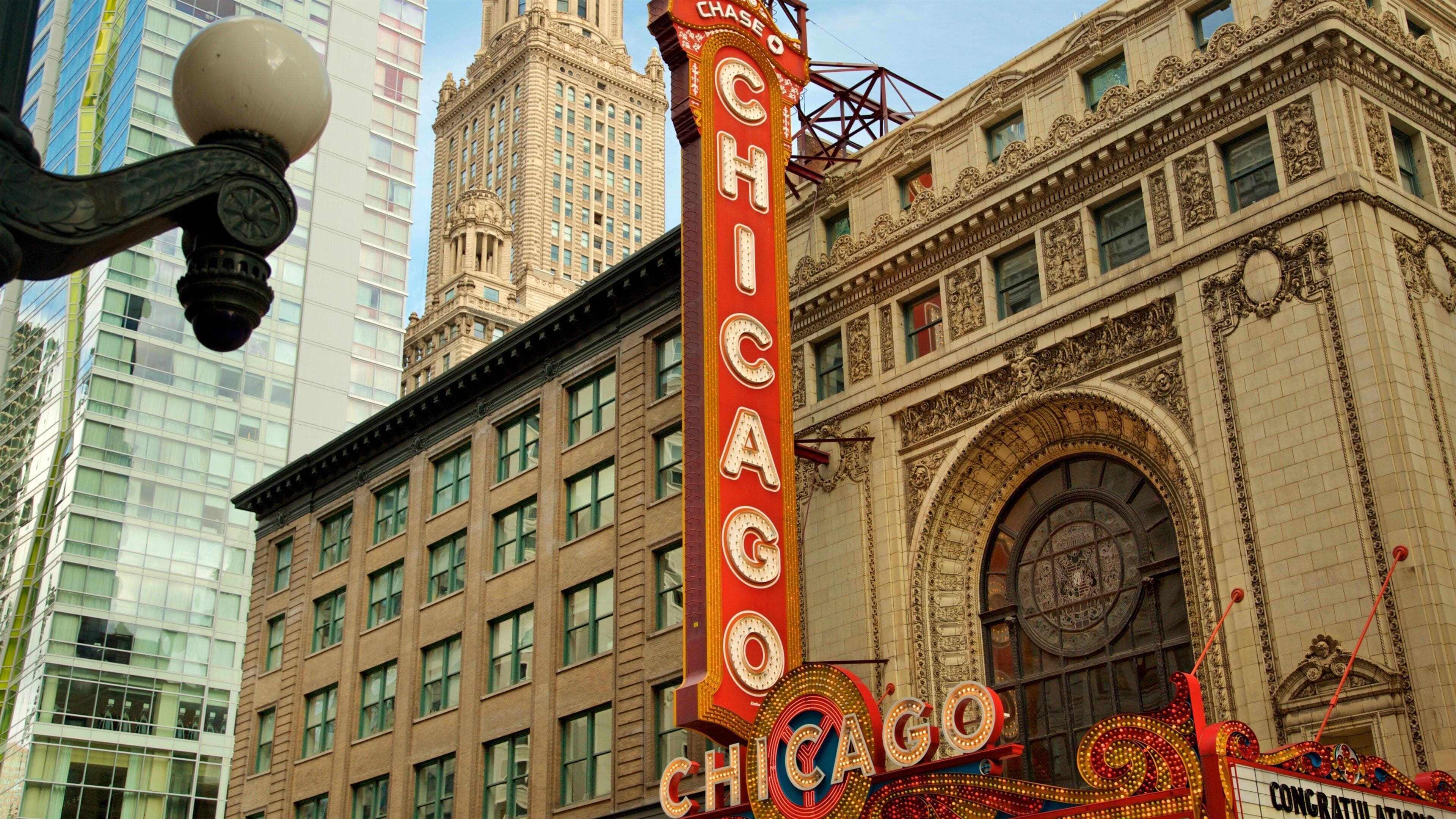 Downtown Chicago showing signage, a city and heritage elements