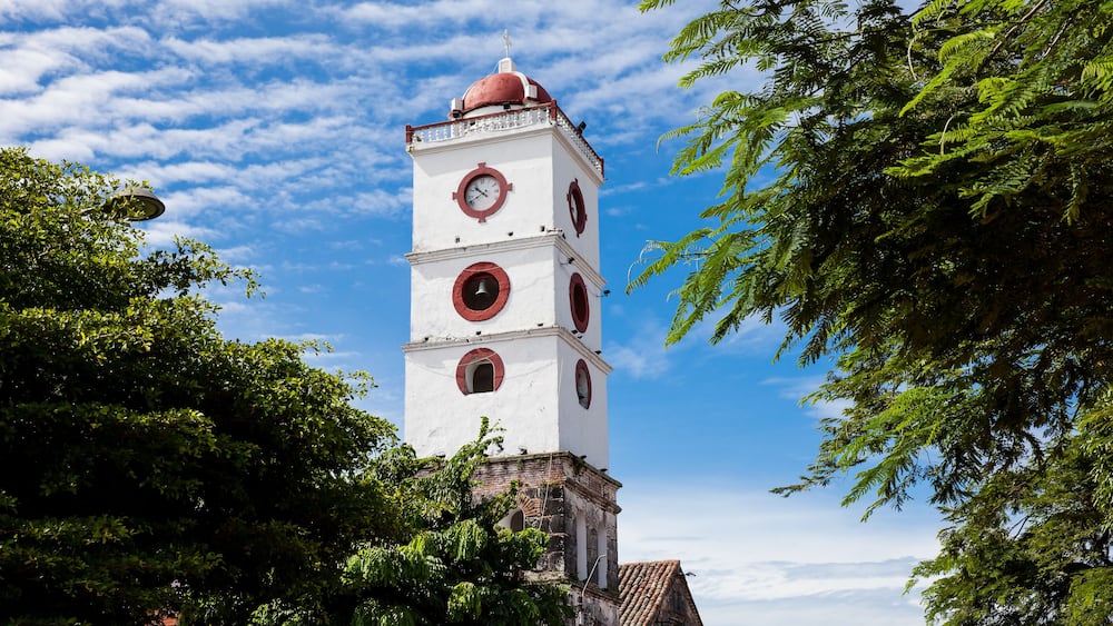 Bell tower of the San Sebastian Church built between 1553 and 1653 at the town of Mariquita in Colombia
