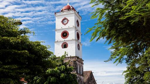 Bell tower of the San Sebastian Church built between 1553 and 1653 at the town of Mariquita in Colombia