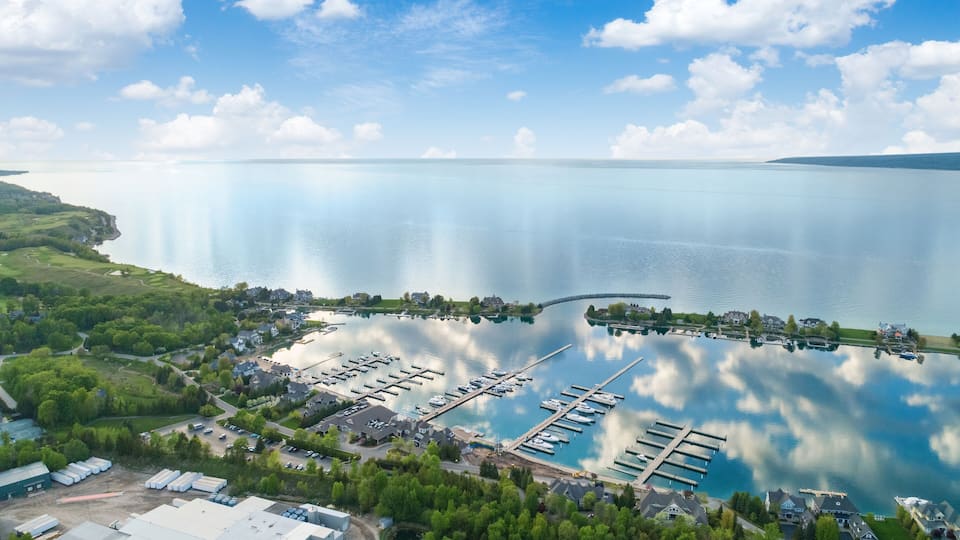 A marina with boats docked, surrounded by greenery and a large body of water.