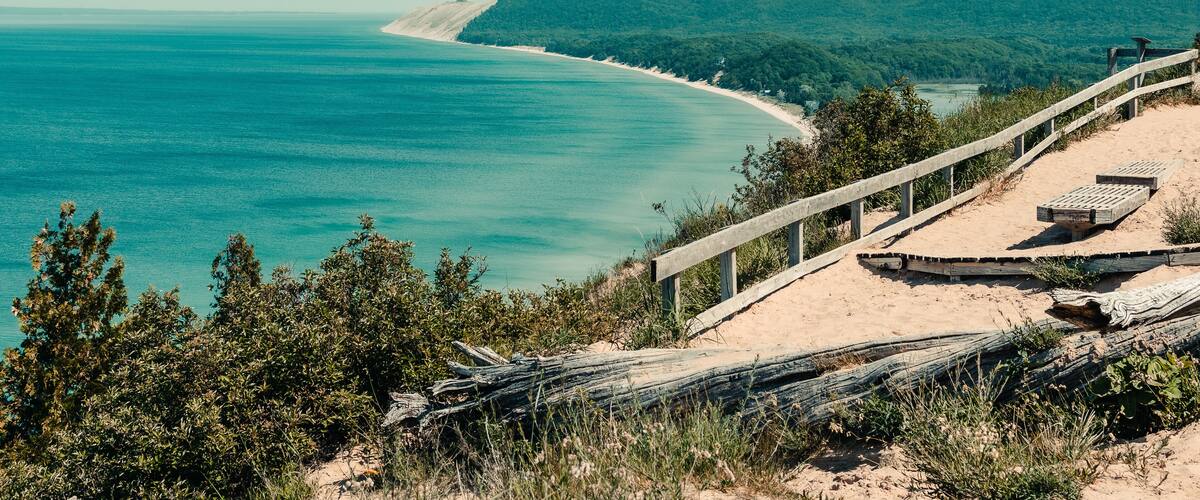 View of the Empire Bluff Overlook at Sleeping Bear National Lakeshore in Honor, Michigan