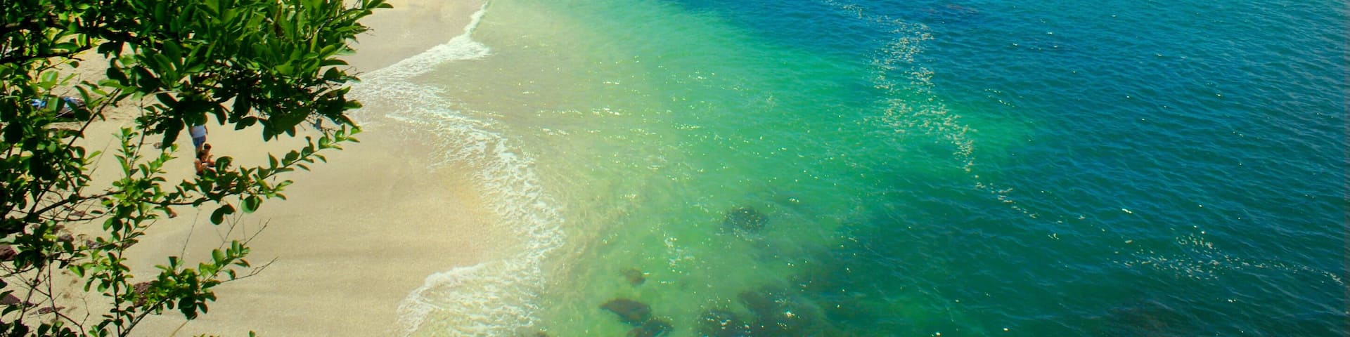 A beach with clear turquoise waters, sandy shore, and lush green trees.