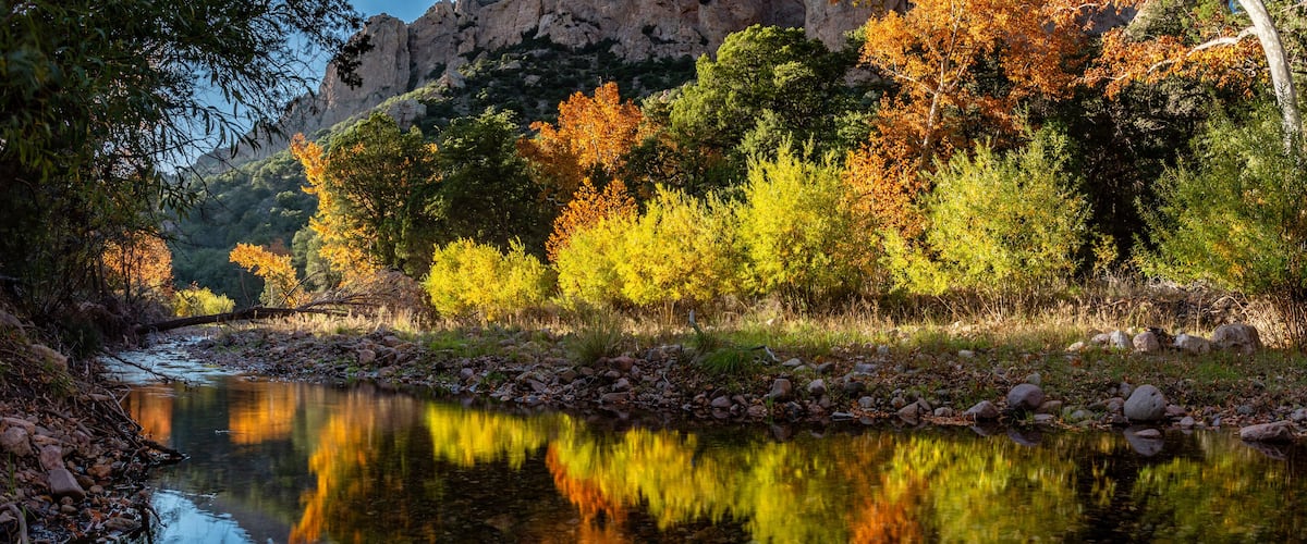 A river reflecting autumn trees, rocky riverbank, and a mountainous backdrop.