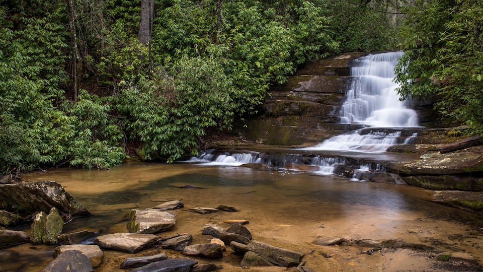 A waterfall cascading over rocks in a forested area.