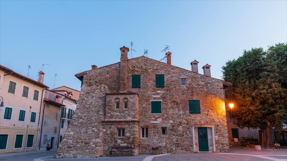 A historic stone building with green shutters and a central staircase.