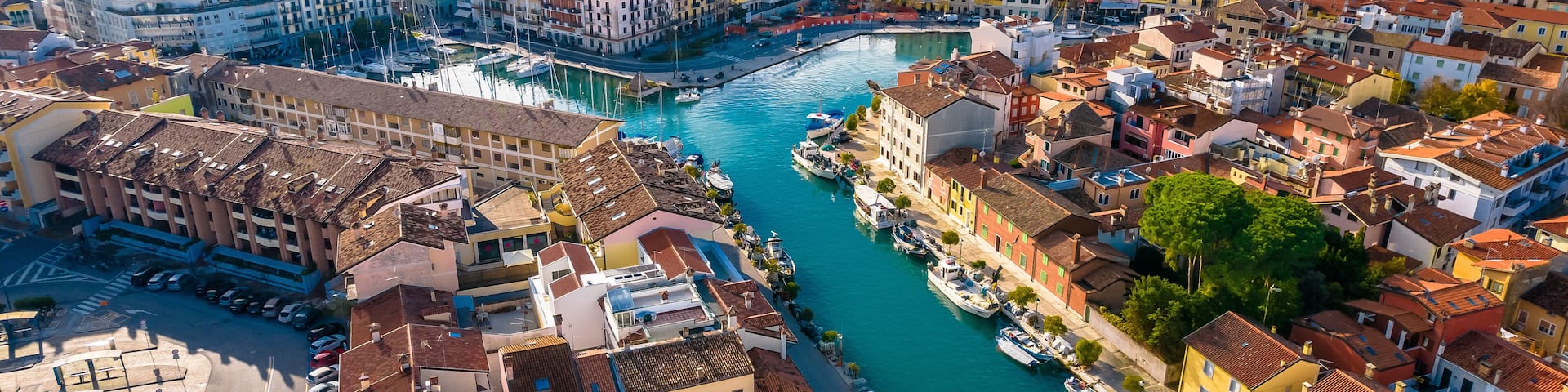 Town of Grado colorful architecture and channels aerial view, Friuli-Venezia Giulia