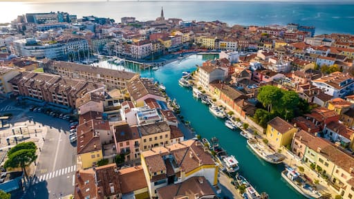 Town of Grado colorful architecture and channels aerial view, Friuli-Venezia Giulia