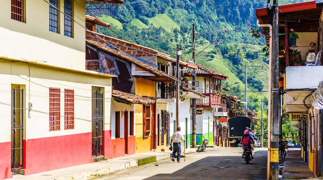 View on colonial buildings in the street of Jardin, Colombia