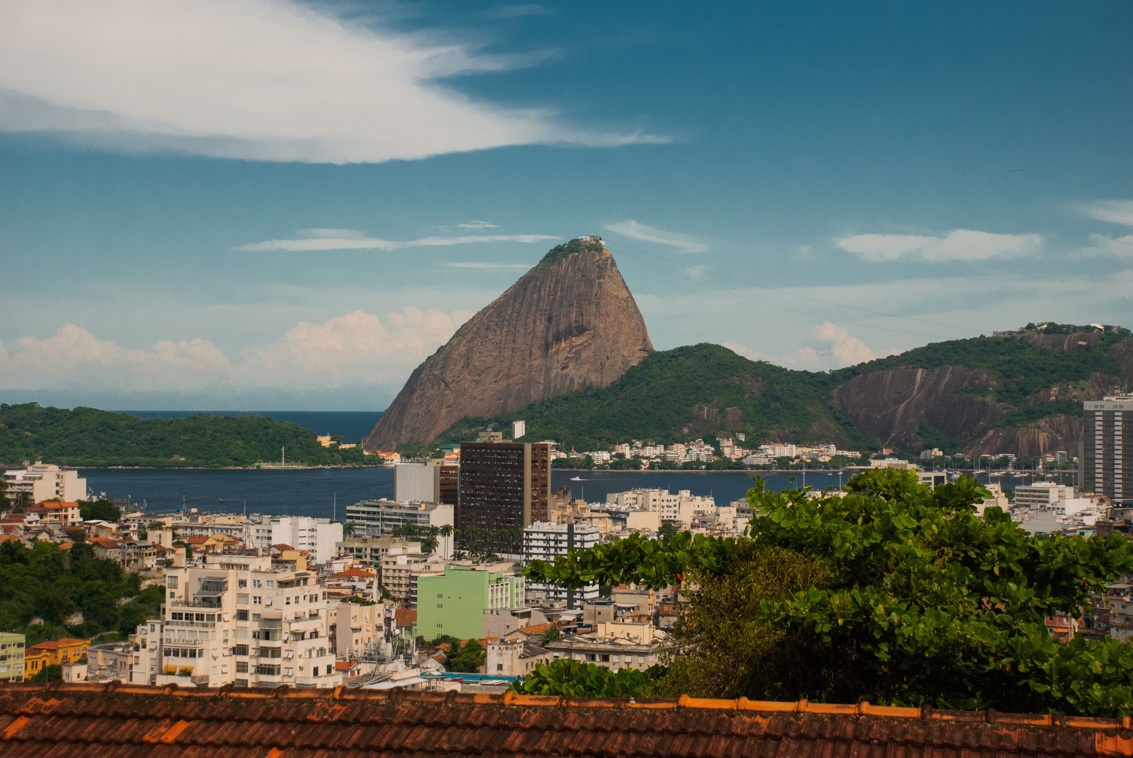 Brazil, City of Rio de Janeiro, Santa Teresa Neighbourhood, View over Catete and Flamengo towards Sugarloaf Mountain from Parque das Ruinas.