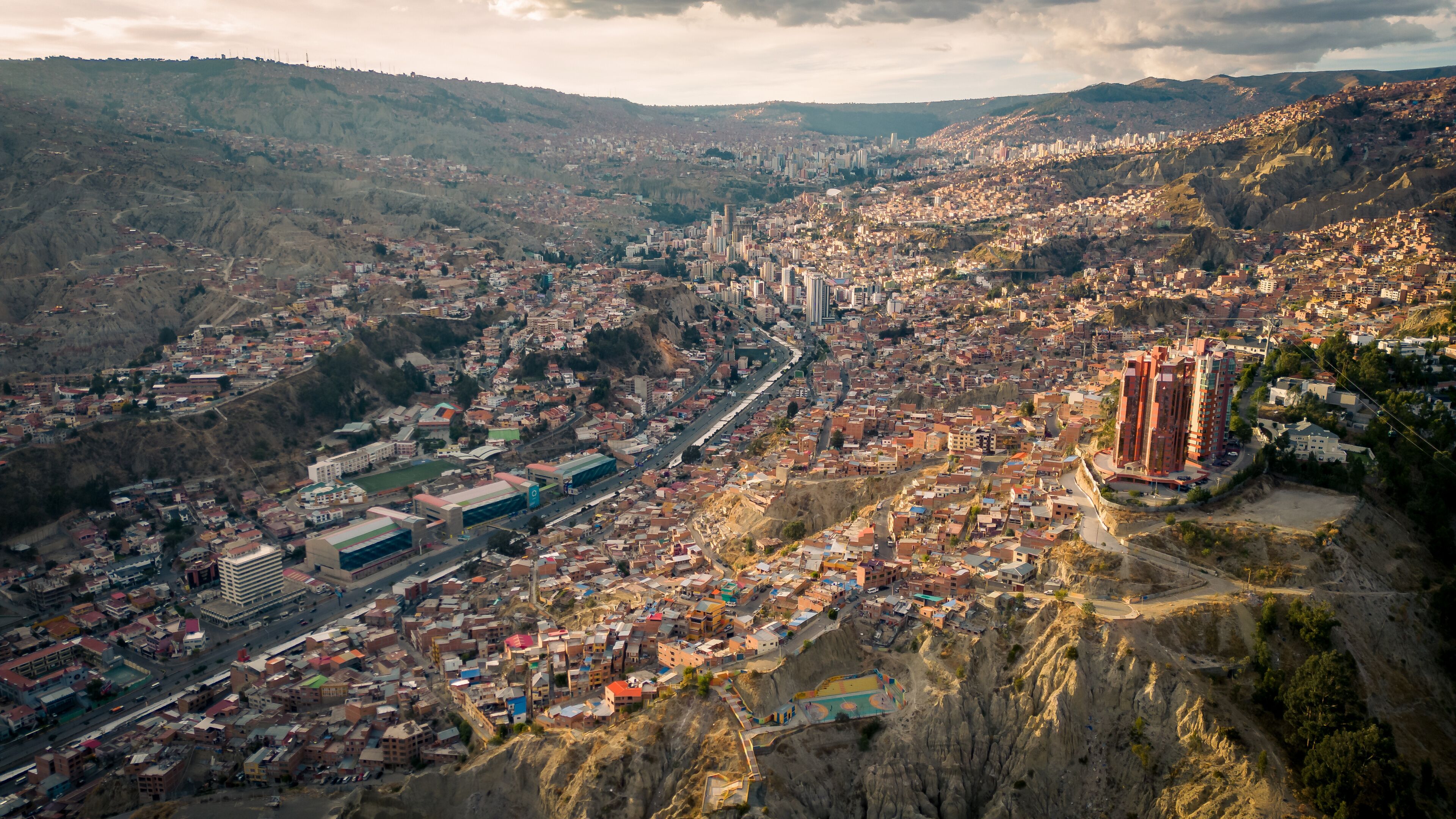 La Paz City, Bolivia, Aerial Drone Above Andean Cordillera Valley, Mountain Town, High Altitude Metropolis in South America
