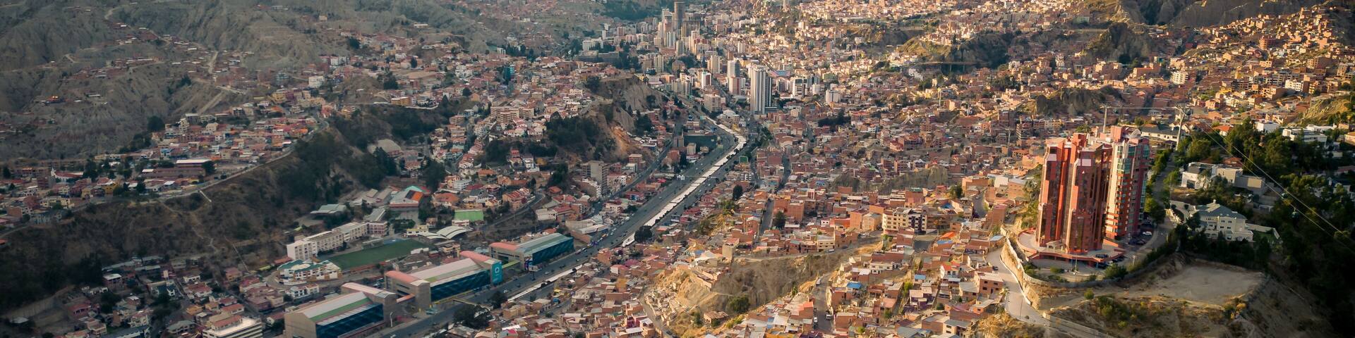 La Paz City, Bolivia, Aerial Drone Above Andean Cordillera Valley, Mountain Town, High Altitude Metropolis in South America