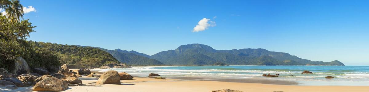 Panoramic view of Aventureiro beach, view of this tropical paradise on Ilha Grande with white sand and blue sky in the city of Angra dos Reis in Rio de Janeiro, Brazil
