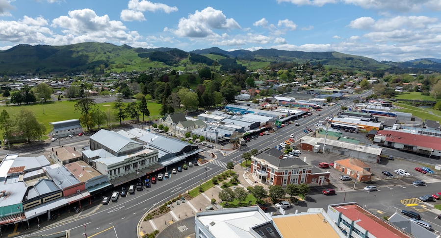 Aerial of the rural town of Paeroa, Waikato, New Zealand.