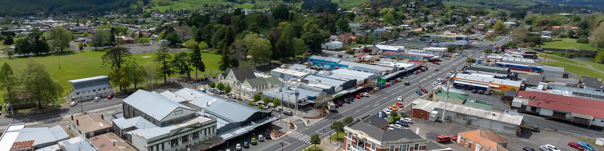Aerial of the rural town of Paeroa, Waikato, New Zealand.
