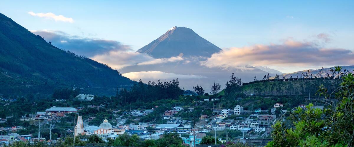 A mountain with a snow-capped peak, a town with buildings, and lush greenery.