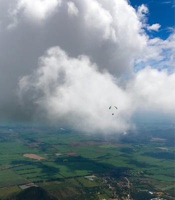 A view from up near the clouds paragliding in Columbia. This was an air to air shot taken with iphone7+