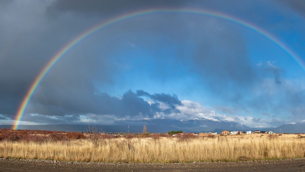 A landscape with two rainbows, a cloudy sky, and a distant mountain range.