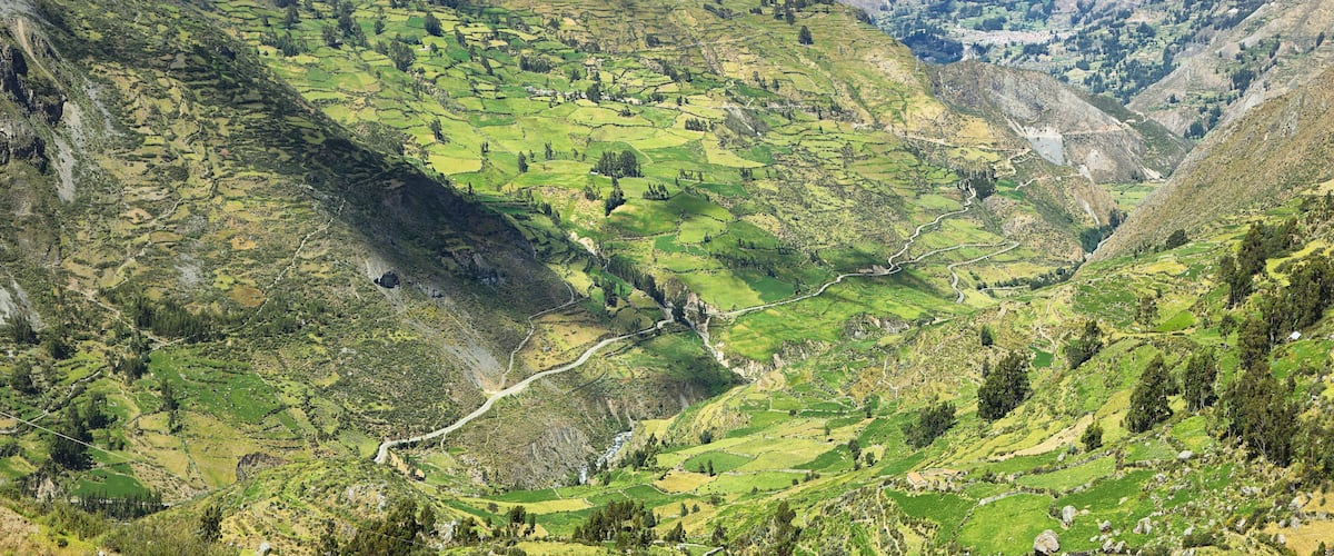 A mountainous valley with terraced fields and a winding river.