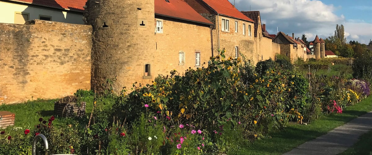 A historic stone wall with a tower, red-roofed buildings, and a garden with colorful flowers.