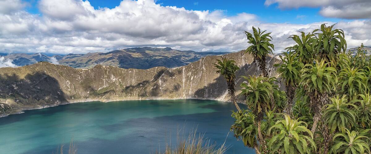 Laguna Quilotoa, formed in the caldera of an active volcano in Ecuador's central highlands. Typically visited as a day trip from Quito or Banos, you can do a short hike down a winding trail to the lake shore or, on a longer visit, hike around the full rim.