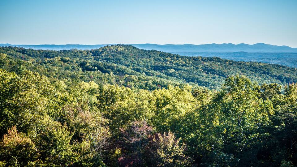 A mountainous landscape with dense forests and a clear sky.