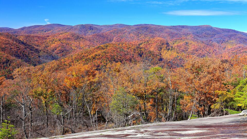 A mountain range with autumn foliage.