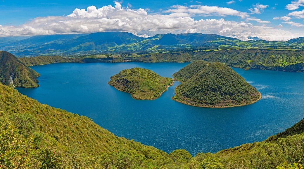 Panorama of Cuicocha Lake along the hike, Otavalo, north of Quito, Ecuador.