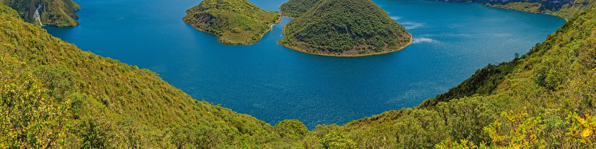 Panorama of Cuicocha Lake along the hike, Otavalo, north of Quito, Ecuador.
