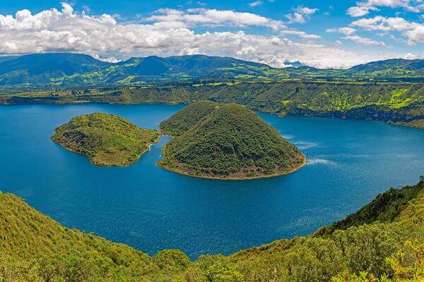 Panorama of Cuicocha Lake along the hike, Otavalo, north of Quito, Ecuador.
