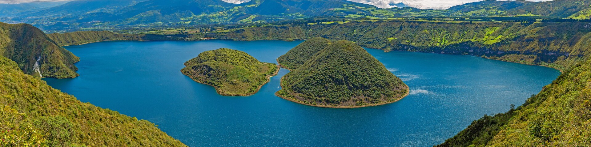 Panorama of Cuicocha Lake along the hike, Otavalo, north of Quito, Ecuador.