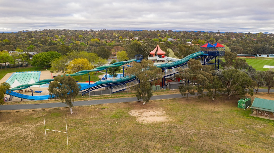 Aerial view of the suburb of Macquarie showing a waterpark and pool on a cloudy morning in Canberra, the capital of Australia
