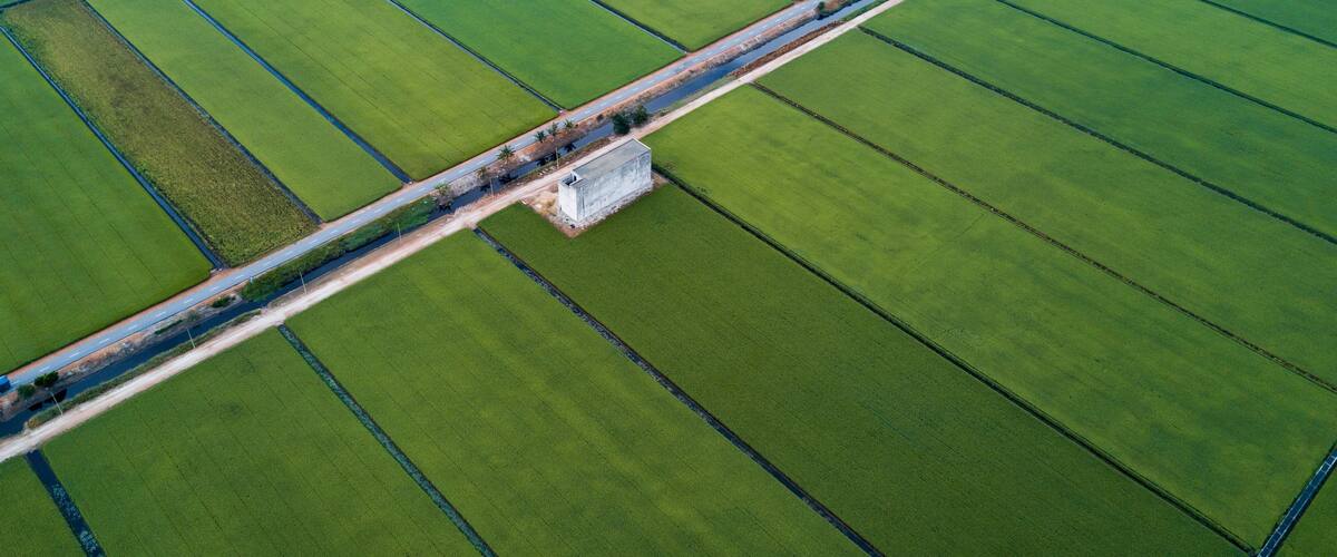 An aerial view of a large green field with a long, straight road cutting through it, and a small building near the road.