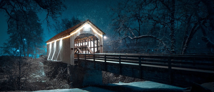 Snowy Bridge Winter Evening | Eagle Point, Southern Oregon