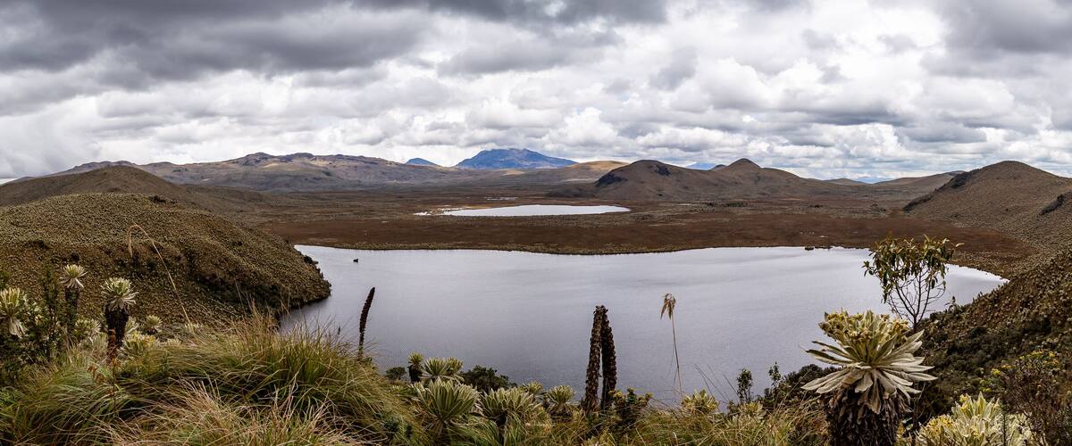 A lake surrounded by mountains and sparse vegetation.
