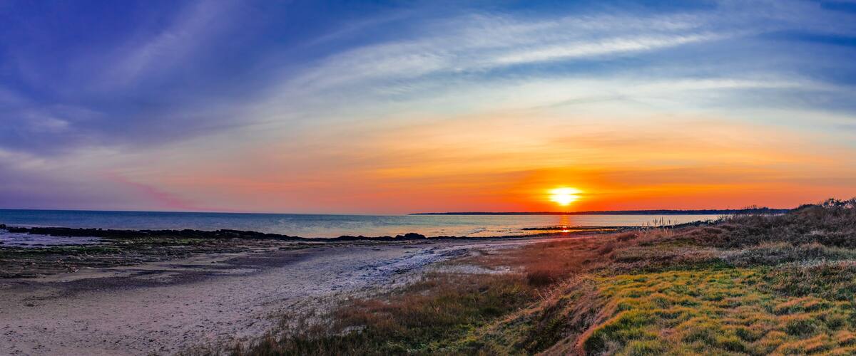 A beach at sunset with a clear sky, ocean, and grassy dunes.