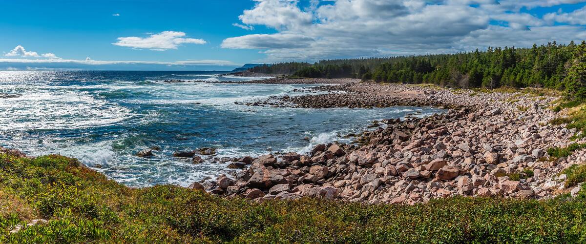 A panorama view over rocky bays at Green cove, Ingonish on the Cabot Trail, Nova Scotia, Canada in the fall
