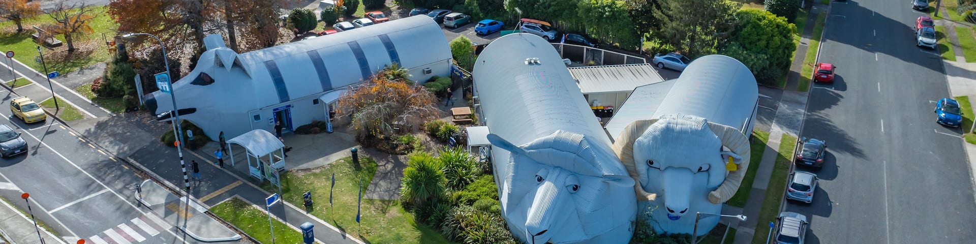 Corrugated iron sheep and dog buildings in Tirau, New Zealand