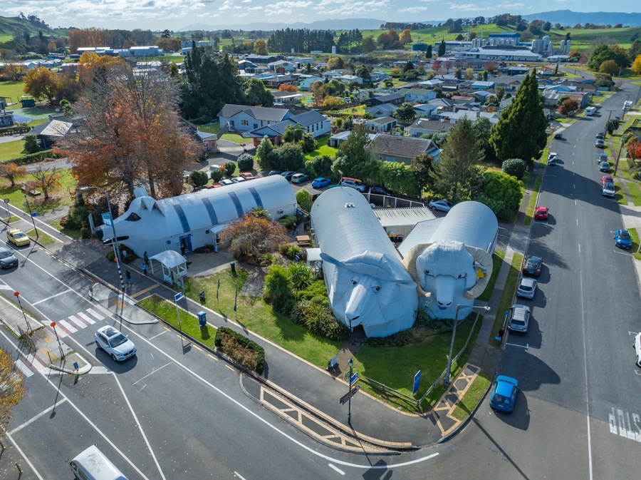 Corrugated iron sheep and dog buildings in Tirau, New Zealand