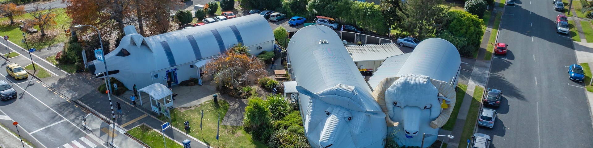 Corrugated iron sheep and dog buildings in Tirau, New Zealand